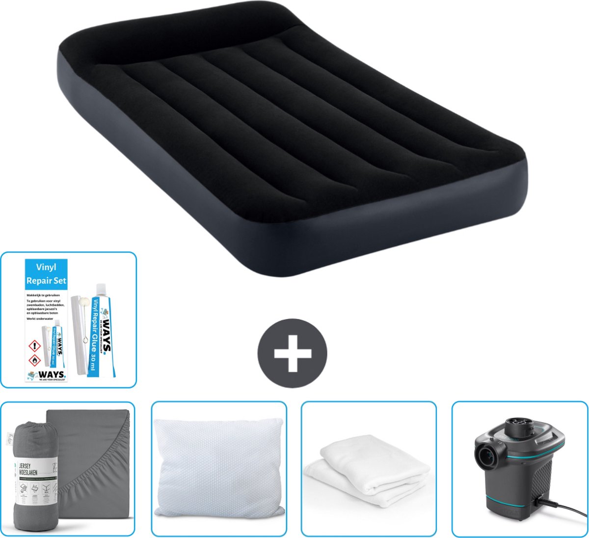 Intex Luchtbed - 1-Persoons - 99 x 191 x 25 cm - Donkerblauw - Inclusief Hoeslaken - Kussen - Pomp - Reparatieset en Kussenbeschermer