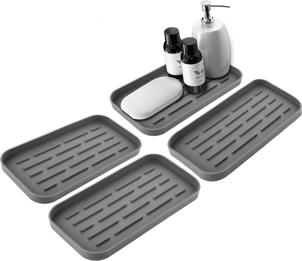 Afdruipmat van siliconen, 4 stuks, 25,4 x 13,4 x 1,7 cm, keuken-/badkamerorganizer, grijs, siliconen, afdruipmat, gootsteen, ruimtebesparend, kleine droogmat voor sponzen, borstels, zeep