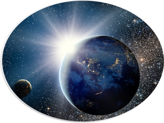 PVC Schuimplaat Ovaal - Zon - Planeten - Aarde - Sterren - Heelal - 40x30 cm Foto op Ovaal (Met Ophangsysteem)