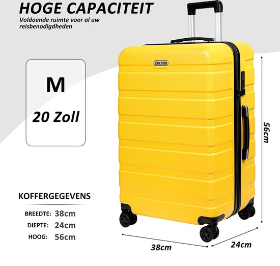 Gele koffer, maat M, 20 inch, 38cm breed, 24cm diep, 56cm hoog, met een gestreept patroon.