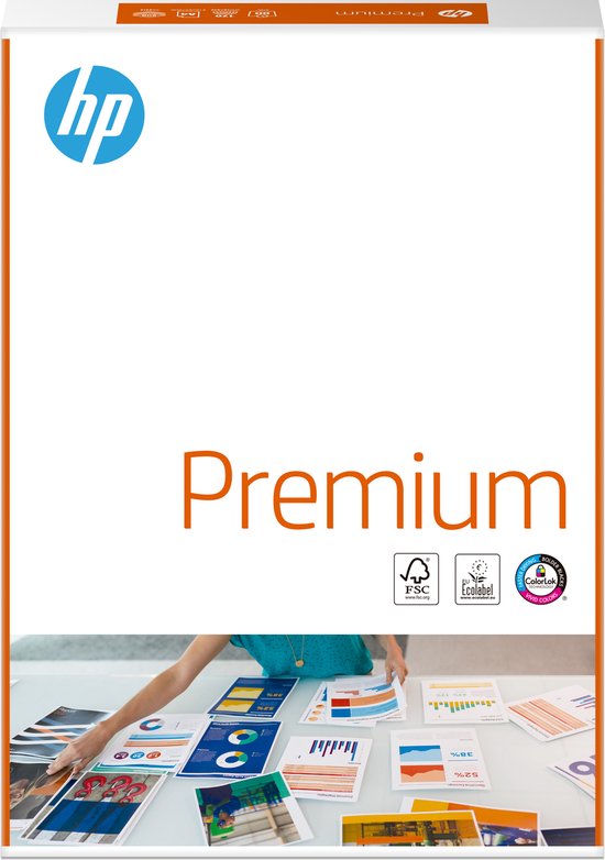 Wit A4 HP Premium papier met opdruk 'Premium', FSC en Ecolabel logo's.