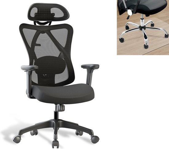Chaise de bureau ergonomique Foxsport - Chaise de bureau - Avec tapis de chaise de bureau - Support lombaire et appui-tête réglables - Accoudoir - réglage de la hauteur et fonction d'inclinaison - Chargeable jusqu'à 150 kg - Zwart