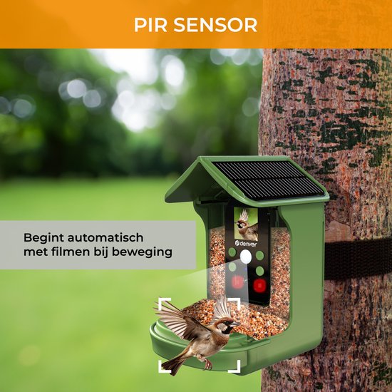 Groene vogelvoederhuis met zonnepaneel, filmt een mus die landt. "PIR SENSOR" tekst.