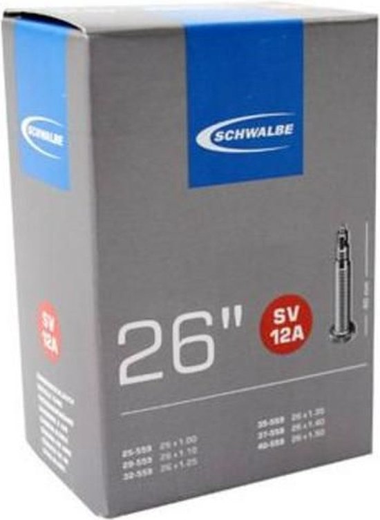 Schwalbe doos voor 26" fietsband, SV 12A, met specificaties.