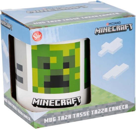 Minecraft mok met Creeper gezicht in pixelstijl, met het Minecraft logo.