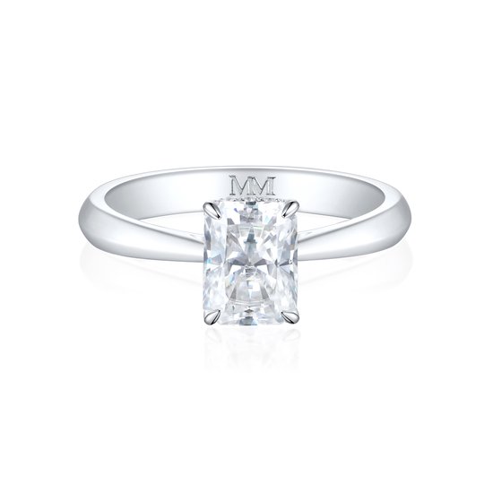 Luminara - Bague de fiançailles en moissanite radiante en or blanc 14 carats avec halo caché - 1,8 carat