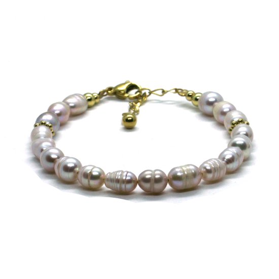 Armband zoetwaterparels champagne- goud rvs