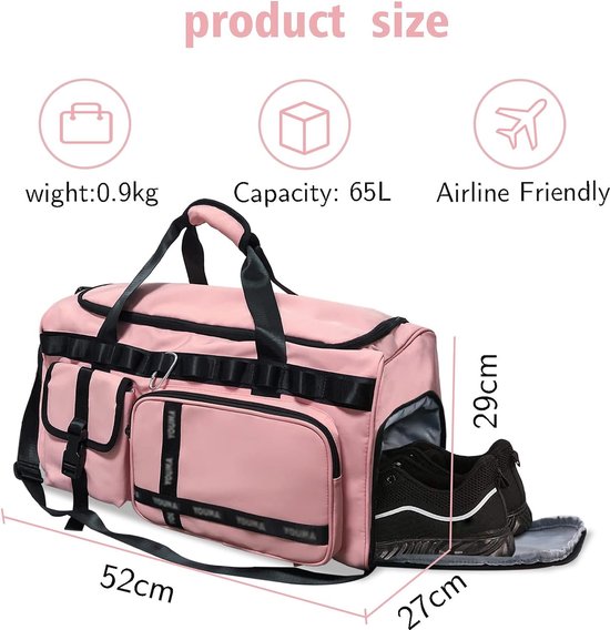 Sac De Sport Voyage Femme/Fille - Compartiment à Chaussures Et Poche Humide - 41x26x25 Cm, Imperméable - Gym, Week-end - 11