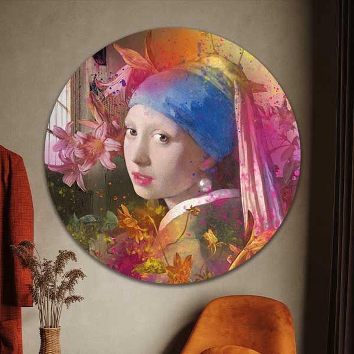 Muurcirkel - Meisje met de parel colour edition - Wallz | Forex | Ø 60cm | Inclusief ophangsysteem