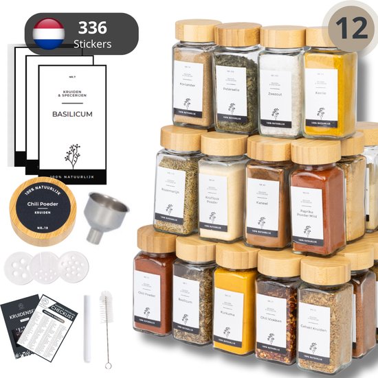 Set van 12 kruidenblikjes, voorraaddozen met 2 legplanken (groen, 0,25 l