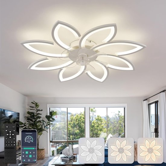 LuxiLamps - Plafonnier 8 étoiles avec ventilateur - Wit - Avec télécommande - Lampe Smart - Intensité variable avec application - 6 réglages de ventilateur - Lampe de salon - Lampe moderne - Plafoniere