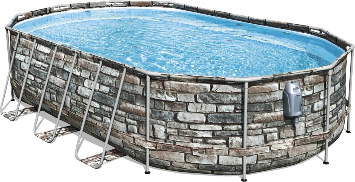 Bestway - Power Steel Swim Vista - Opzetzwembad inclusief filterpomp en accessoires - 610x366x122 cm - Steenprint - Ovaal