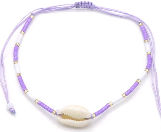 Bracelet de cheville - Perles de verre et coquillage - Bracelet de cheville - Longueur réglable - Violet