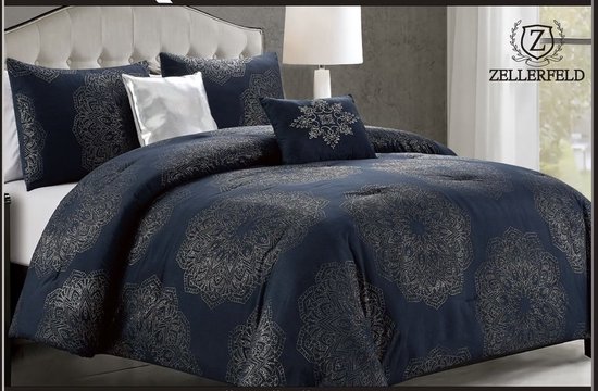Parure couvre-lit Luxe - Set de 5 pièces - Couvre-lit 240x260 - Kussensloop 2x 50x70 - 2 oreillers décoratifs - Bleu foncé avec argent