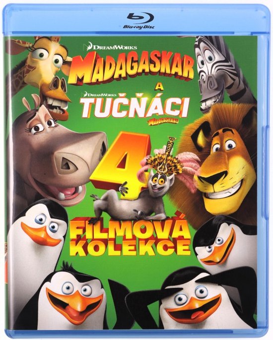 La couverture avant de la jaquette Blu-ray de la collection de 4 films Madagascar, avec les personnages principaux et un grand "4" rouge.