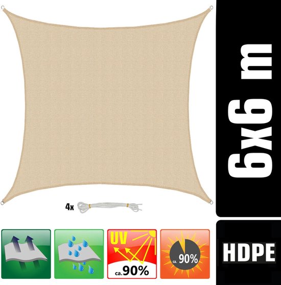 Beige 6x6m HDPE zonnedoek met 4 touwen, winddoorlatend en 90% UV-bescherming.