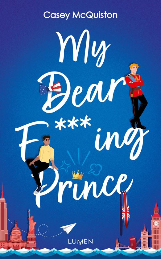 Boek 'My Dear F***ing Prince' met een Amerikaanse en Britse prins op een blauwe achtergrond met bezienswaardigheden van Londen en New York.