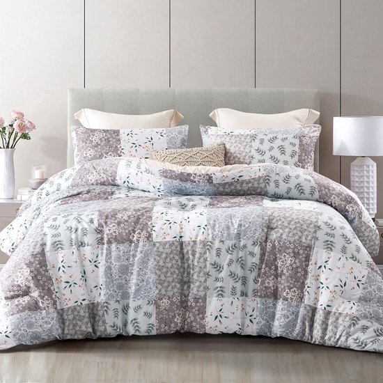 Deken in 220 x 230 cm, ademende, heerlijk zachte deken, slaapdeken voor 4-seizoenen, met 2 kussenslopen, grijs geruit