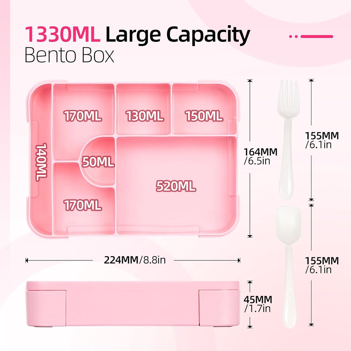 Lunchbox - Broodtrommel - 1330 ml - Broodtrommel voor Kinderen - Bento Box - Bentoboxen met Bestek - Lekvrij - Geïsoleerde Lunchbox voor Volwassenen en Kinderen, Picknick, Werk, School - Roze — cadeau in Koken & Dineren - foto 2
