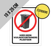 Pictogram/ sticker | "Hier geen vuilniscontainers plaatsen" | 19 x 25 cm | Afval | Kliko | Hinder | Buren | Container | Afvalcontainer | Afvalbak | 2 stuks