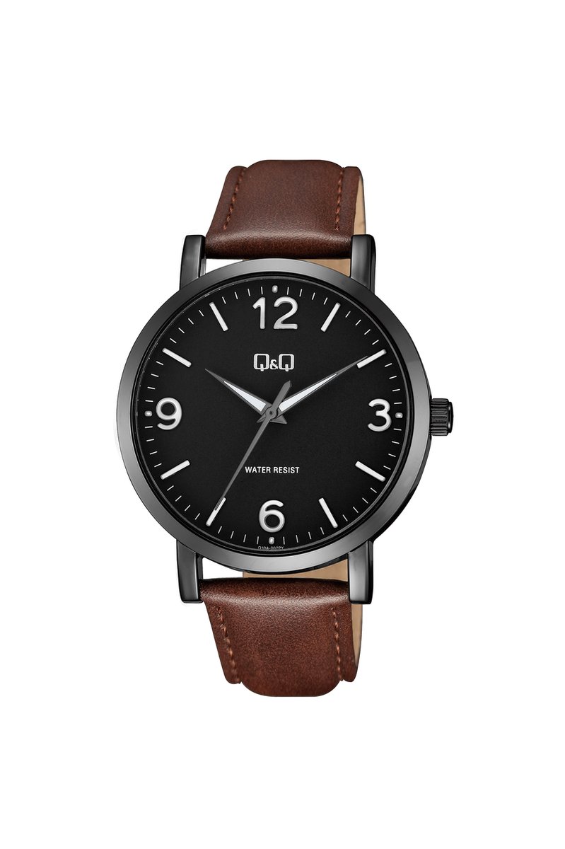 QQ Q10A-007PY - Horloge - Analoog - Heren - Mannen - Leren band - Rond - Metaal - Bruin - Zwart