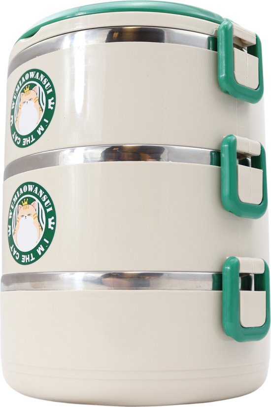 Thermos Voedselcontainer XL - Voedselcontainer met 3 Lagen & Handvatten - Voorraadbus Geschikt voor Warm & Koud Eten - Noodles, Soep, Eieren, Stoof Vlees, Curry, IJs & Meer! - 550ml x3 - Beige & Groen