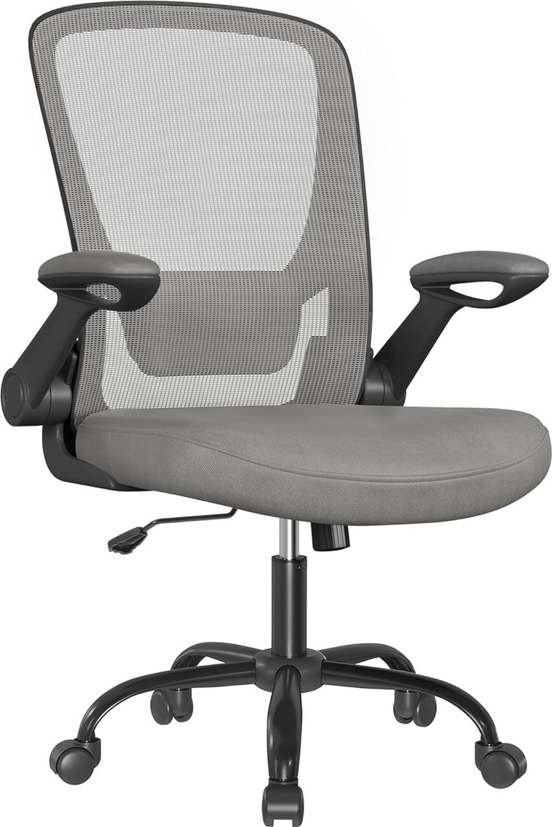 Ergonomische Canvas Bureaustoel, Fauteuil, Gewatteerde Lendensteun, Schommelmechanisme, 53 cm Brede Zitting, Inklapbare Armleuningen, Dove Grijs OBN037G01