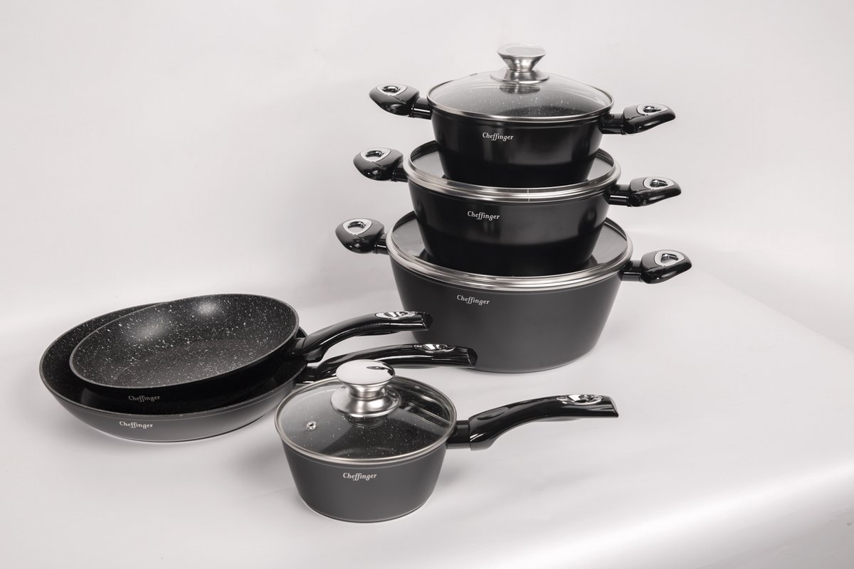 Cheffinger Pannenset - 10-delig - Zwart - Inductie - Met Deksels