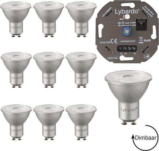 GU10 LED lamp - 10 pack - 8W - Dimbaar - Warm wit licht + LED dimmer 0-175W