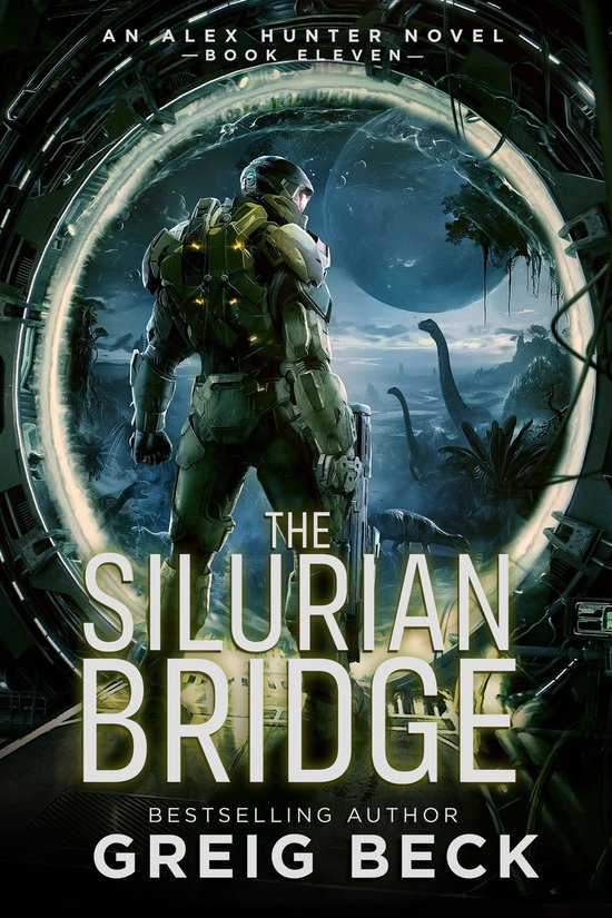 De voorkant van het boek 'The Silurian Bridge' toont een astronaut in groen harnas met een geweer, staande voor een ronde opening met dinosaurussen en een alien planeet in de verte.