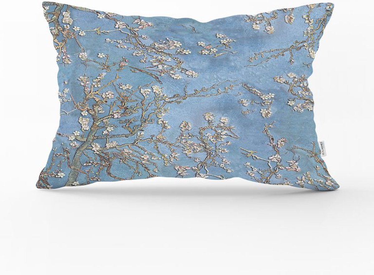 De Groen Home KUNST Sierkussen Velvet - 30x50 - Van Gogh Amandelbloesem - Inclusief binnenkussen - Fluweel Lichtblauw