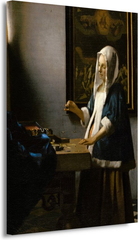 Vrouw met een weegschaal - Johannes Vermeer portret - Vrouw schilderijen - Canvas schilderij Portret - Moderne schilderijen - Schilderijen canvas - Kunst aan de muur 75x100 cm