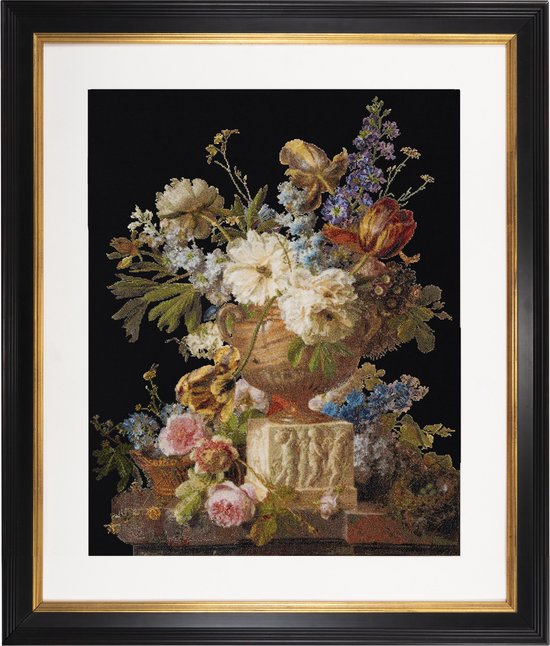 Thea Gouverneur - Borduurpakket met telpatroon - 580.05 - Voorgesorteerde DMC Garens - Bloemstilleven met albasten vaas. Gerard van Spaendonck. 1783 - Zwart Aida 7 kruisjes/cm- 65 cm x 50 cm - DIY Kit