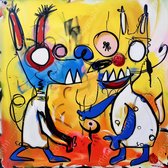 JJ-Art (Canvas) 100x100 | Gekke honden werken in ziekenhuis als dokter, humor, Herman Brood stijl, abstract, kunst | dier, hond, vierkant, oranje, blauw, geel, rood, wit, woonkamer, modern | Foto-Schilderij canvas print (wanddecoratie)