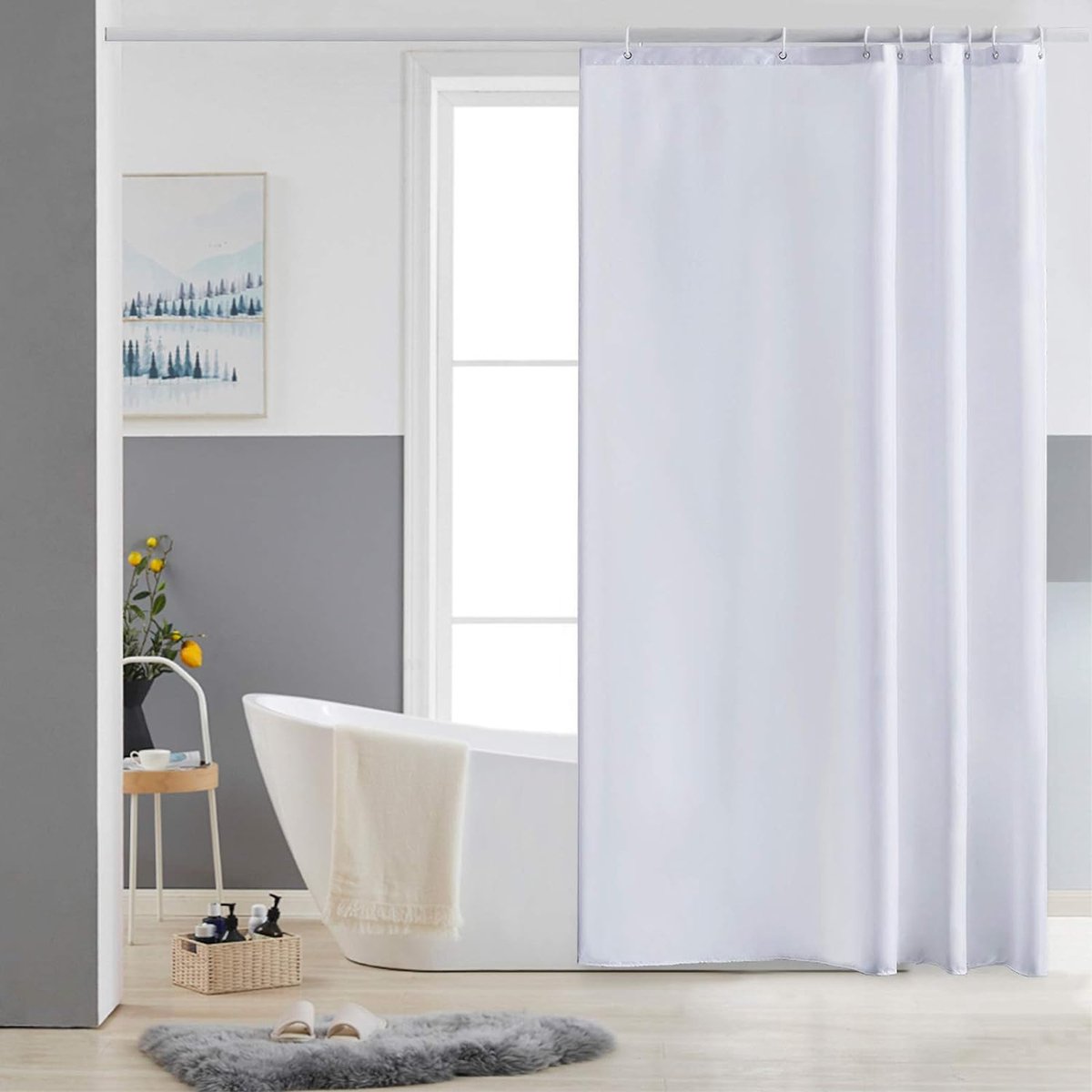 Douchegordijn, 120 x 180 cm, Textiel van Polyester, Schimmelbestendig, Waterafstotend, Wasbaar, Wit, met 8 Douchegordijnringen