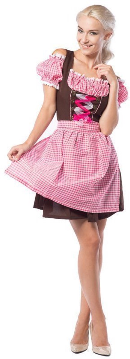 Partychimp Oktoberfest Dirndl Dames Anne-Ruth Oktoberfest Dames Carnavalskleding Dames Carnaval Kostuum Dames - Polyester - Roze/Bruin - Maat 2XL/44