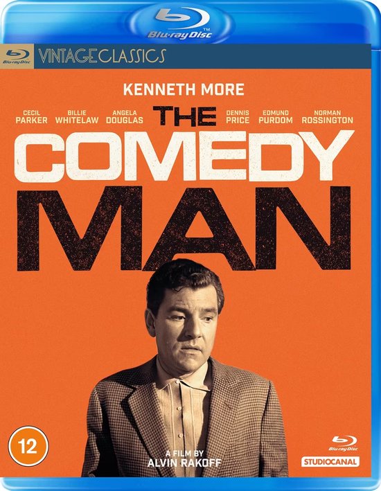 The Comedy Man Blu-ray hoes met Kenneth More in het midden, tekst in oranje en wit op een oranje achtergrond.