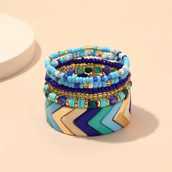 Armband - SET van 6 - Armband Dames - Polsbandjes - Armbanden - Blauw - Armbanden Set - Kralen Armband Dames - Vrolijke Armbanden - Mode Accessoires - Sieraden Dames - Blauw Goudkleurig Wit Groen