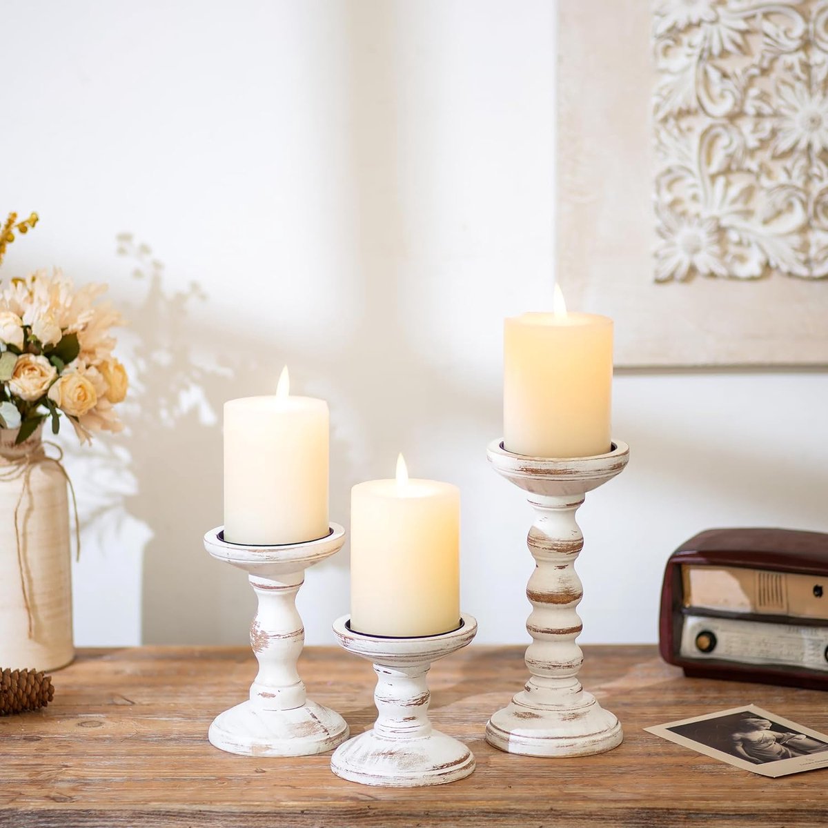 Kaarsenhouder stompkaarsen hout vintage - set van 3 kandelaars voor kaarsen landhuis rustieke landhuisstijl decoratie woonkamer tafeldecoratie herfst lente tafel bruiloft, 10/15/21 cm