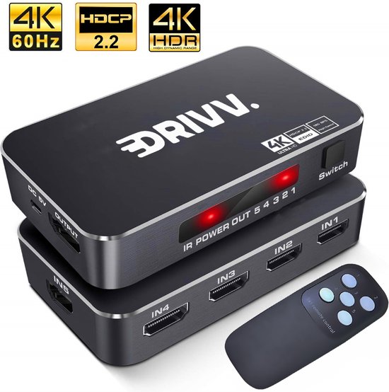 Foto: Drivv hdmi switch 4k 60hz 5 ingangen 1 uitgang incl afstandsbediening automatisch schakelen ondersteunt 720p 1080p 4k 3d zwart