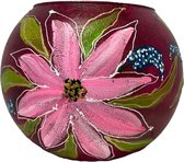 Handbeschilderde design bol vaas donker rood met roze bloemen