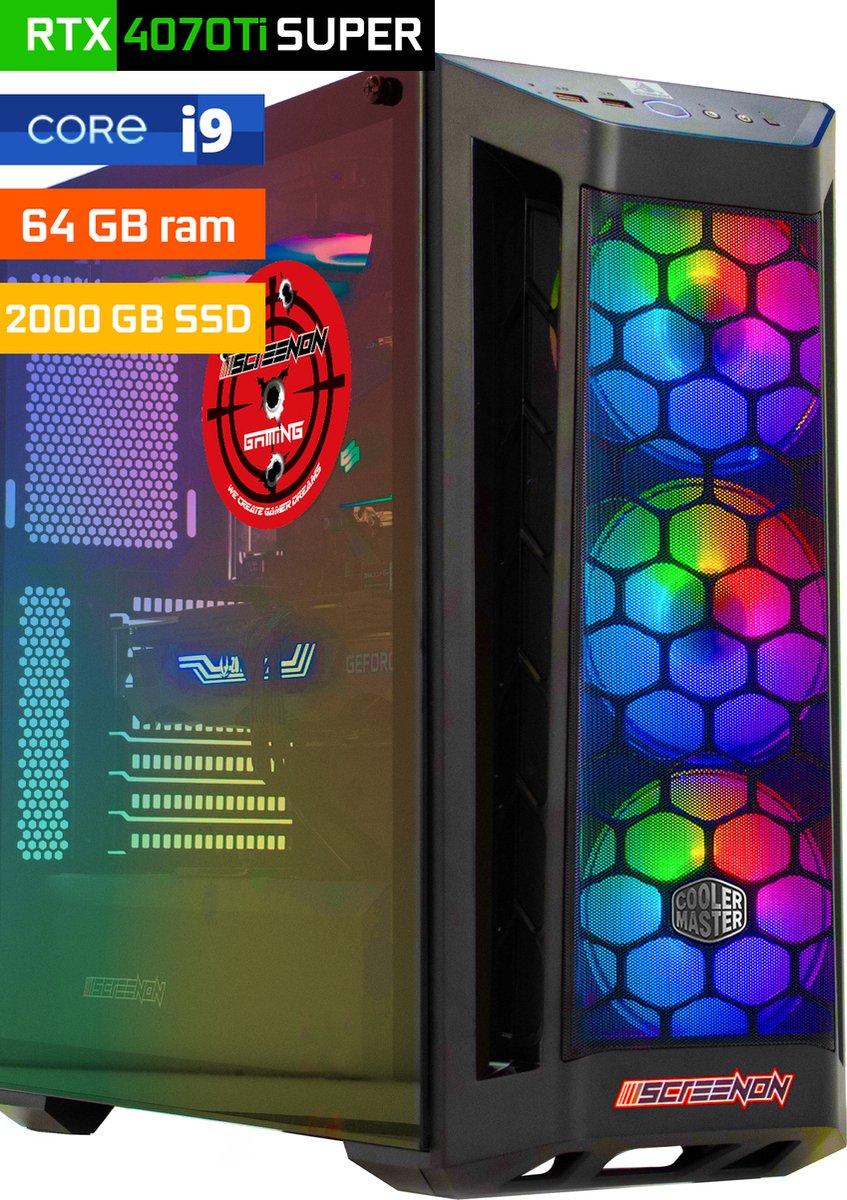 ScreenON - Game Computer / Gaming PC - Intel Core i9 - 2TB M.2 SSD - 64GB RAM - RTX 4070 Ti Super - Windows 11