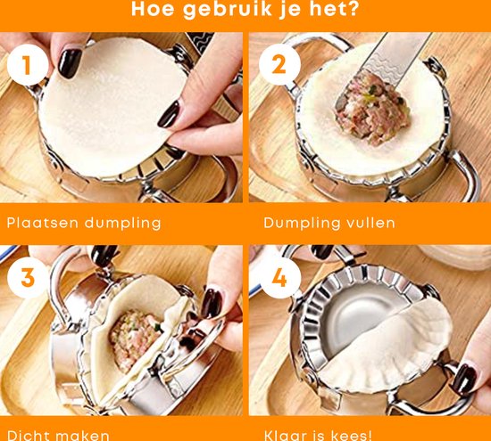 Vier stappen om dumplings te maken: deeg plaatsen, vullen, sluiten en klaarmaken met een metalen dumplingmaker.