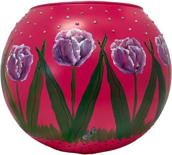 Handbeschilderde design bol vaas roze met tulpen