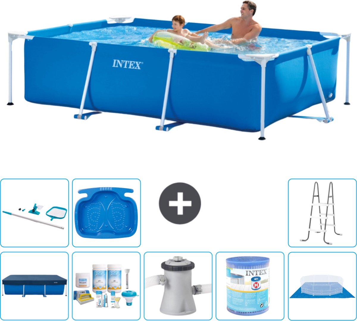 Intex Rechthoekig Frame Zwembad - 260 x 160 x 65 cm - Blauw - Inclusief Afdekzeil - Onderhoudspakket - Zwembadfilterpomp - Filter - Grondzeil - Schoonmaakset - Ladder - Voetenbad - 9-delig