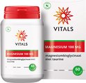 Pot en doosje Vitals Magnesium 100 MG met 60 tabletten. Rode dop, groen tabletlogo.