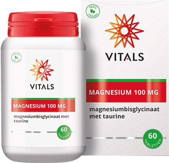 Pot en doosje Vitals Magnesium 100 MG met 60 tabletten. Rode dop, groen tabletlogo.