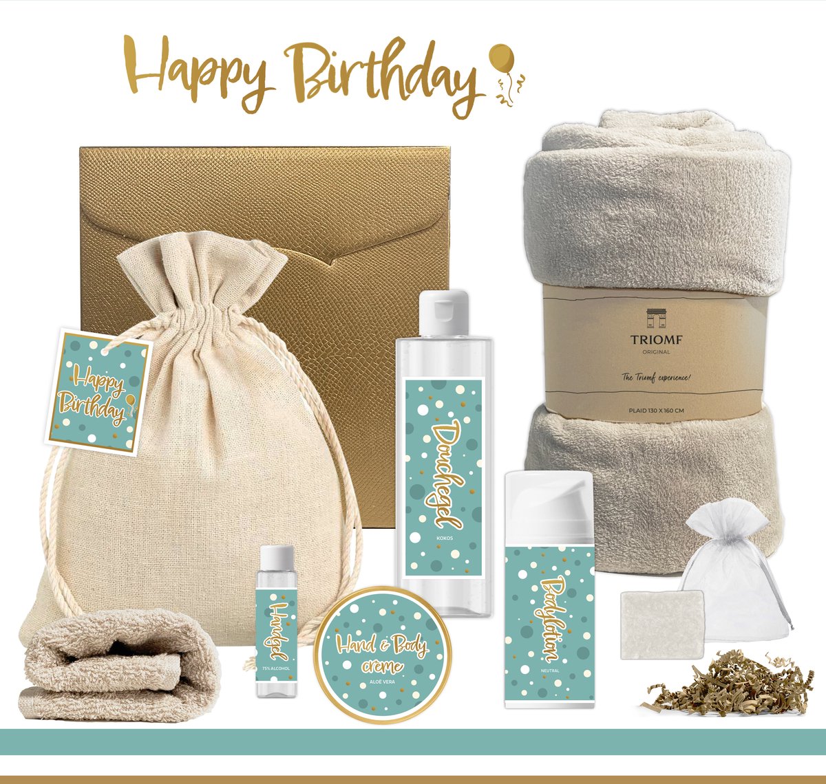 Goedkoopste Geschenkset “Happy Birthday” - 8 producten - 1200 gram | Luxe Wellness Set voor haar - Cadeau Pakket - Giftset Verjaardag - Gefeliciteerd - Speciaal voor Jou - Vrouw Vriendin Meisje - Gift Set Fleece deken -- Welness pakket