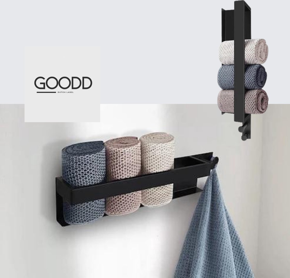 GOODD® - Handdoekrek - Handdoekhouder - Zwart - Zonder boren - Rvs