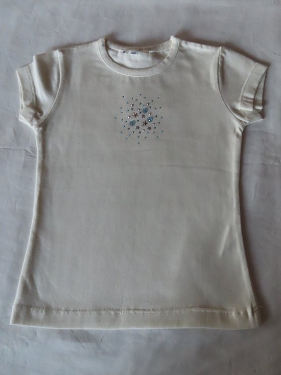 T shirt - Meisjes - Ecru - Klein detail , stipjes blauw en sterretjes grijst - 4 jaar 104